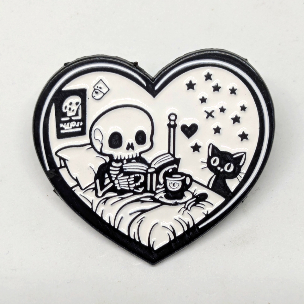 Skeleton and Cat Heart Enamel Pin
